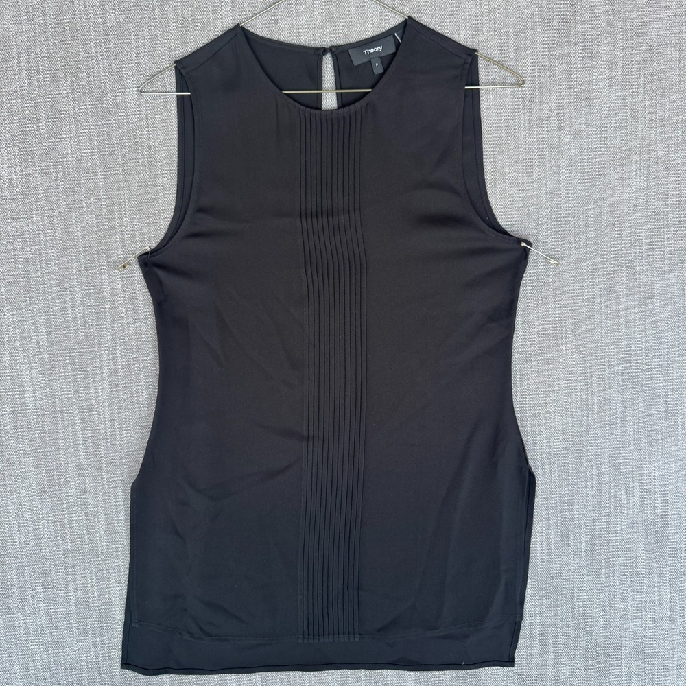 Theory Tunic Blouse Womens P Petite Black Pintuck Pleated Sleeveless Side Slit